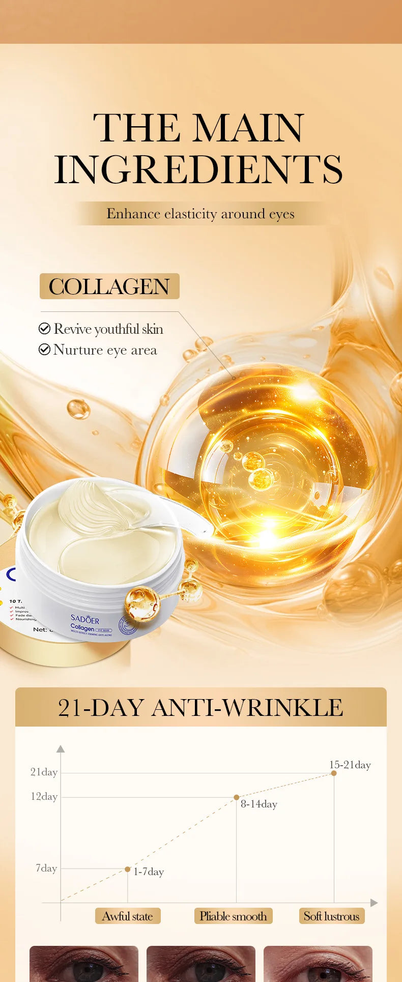 60pcs SADOER Crystal Collagen Eye Mask Anti Dark Circles Removal Eyes Bags Moisturizing Eyes Patches Eye Gel Masks Skin Care
